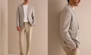 Stilvolles hochzeitsgast outfit mann: hellgraues Sakko mit Struktur, weißes T-Shirt und beige Chino-Hose. Perfekt für eine elegante Sommerhochzeit.