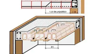 Przekrój stropu Ackermana z belkami prefabrykowanymi i zbrojeniem. Widoczny detal połączenia z murem.