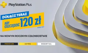 Grafika promocyjna PlayStation Plus z hasłem "Dołącz teraz, aby oszczędzić 120 zł" i opcjami Premium, Extra, Essential.