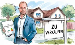 Mann mit Energieausweis vor Haus mit "Zu Verkaufen"-Schild. Der Hausverkauf ohne Energieausweis ist nicht erlaubt.