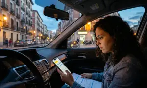 Mujer revisa su móvil y papeles en el coche, preocupada por cuándo caduca el teórico de coche.