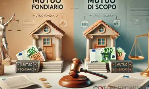 Confronto visivo tra mutuo fondiario e ipotecario: case, denaro e bilance della giustizia illustrano la differenza.