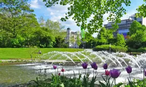 Wasserspiele Hamburg: Tulpen blühen am Teich, während Fontänen im Park sprühen. Ein entspannter Tag im Grünen.