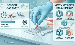 Schemat "one-shot" antybiotyku przed zabiegiem. Kiedy antybiotyk po ekstrakcji? Unikaj ropień, infekcji okołokoronowych, obniżonej odporności.