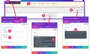 Interface de configuration d'un menu sticky. On voit les options avancées, le code CSS et JavaScript pour rendre le menu fixe.