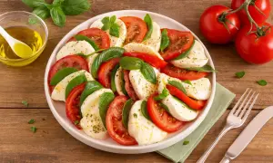 Caprese-Salat mit Tomaten, Mozzarella und Basilikum auf einem Teller, daneben Olivenöl und Tomaten.