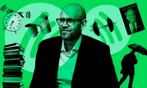 Daniel Ek, omgiven av symboler för tid, kunskap, familj och träning, med en bok av Jan Carlzon och en man med paraply i bakgrunden.