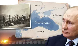 Putin blickar mot kartan över Svarta havet, med historiska bilder av soldater och en bro i brand.