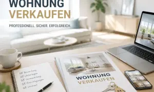 Eine professionelle Wohnung Beschreibung Beispiel: Checkliste für Bewertung, Unterlagen, Vermarktung, Besichtigungen und Verkauf. Schlüssel und Laptop liegen bereit.