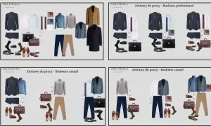 Styl business casual: propozycje zestawów z marynarkami, koszulami, spodniami, butami i aktówkami.