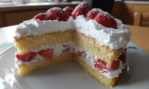 Enkel tårta med fluffig grädde och färska jordgubbar, perfekt för ett sommarfika.