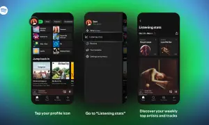 Trzy ekrany aplikacji Spotify pokazujące profil użytkownika, statystyki odsłuchu i topowych artystów.