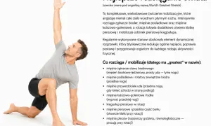 Mężczyzna w pozie "World's Greatest Stretch" wykonuje rozciąganie powięzi, angażując biodra, kręgosłup i klatkę piersiową.