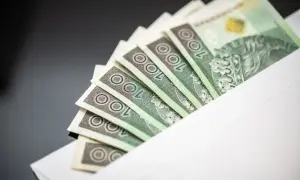 Banknoty 100 zł w kopercie. Symbol jawności wynagrodzeń i transparentności finansowej.
