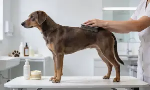 Un perro de raza mediana de pelo corto recibe un cepillado en un entorno de aseo.