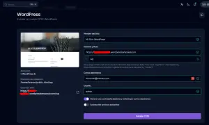 Configuración para como crear un blog en WordPress. Se ingresa el nombre del sitio, dominio, correo y usuario para instalar el CMS.