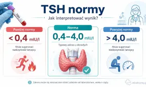 Grafika przedstawia normy TSH: poniżej, w normie i powyżej. Pokazuje probówkę z TSH, tarczycę i ikony symbolizujące nadczynność i niedoczynność.
