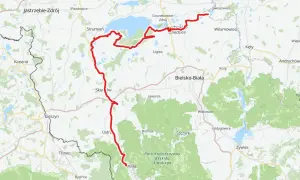 Trasa rowerowa wzdłuż Wisły, widoczna na mapie jako czerwona linia, prowadzi przez malownicze tereny od Jastrzębia-Zdroju, przez Jezioro Goczałkowickie, aż po okolice Bielska-Białej.