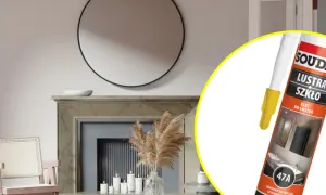 Klej Soudal do montażu luster na ścianie. W zestawie z okrągłym lustrem nad kominkiem.