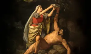 En kvinna med slöja häller vätska från en skål över en bunden man. Ormar slingrar sig ovanför, en scen som påminner om lokes barn.