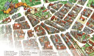 Ilustrowana mapa Torunia z zaznaczonymi atrakcjami, m.in. Ratuszem Staromiejskim i Katedrą św. Janów.