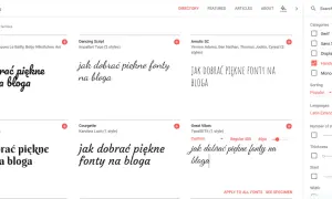 Strona Google Fonts prezentuje różne fonty, w tym "Pacifico" i "Dancing Script", z przykładem tekstu "jak dobrać piękne fonty na bloga".