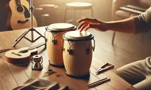 Dłoń dotyka bongosów, obok gitara i pałeczki. Muzyczna sesja w toku.