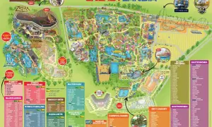 Mapa Energylandii, parku rozrywki o powierzchni ok. 70 ha, z podziałem na strefy: Smoczy Gród, Bajkolandia, Strefa Ekstremalna, Aqualantis, Water Park, Hyperion i Western.