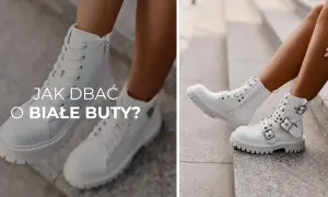Dwie pary białych, sznurowanych botków na grubej podeszwie. Tekst: "Jak dbać o białe buty?".
