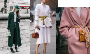 Trzy kobiety prezentują różne style ubioru: elegancki płaszcz w kolorze butelkowej zieleni, biały zestaw z futrzaną marynarką i żółtym paskiem, oraz różowy płaszcz z ozdobnym paskiem i torebką.