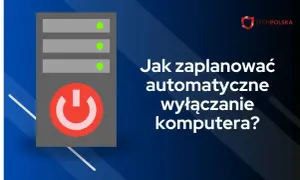 Grafika z ikoną komputera i przyciskiem zasilania. Tekst: "Jak zaplanować automatyczne wyłączanie komputera?". Dowiedz się, jak użyć komendy na wyłączenie komputera po czasie.