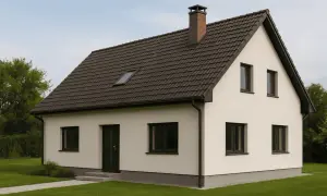 Nowy dom z ceglanym kominem, zapewniającym prawidłowy ciąg kominowy m/s. Otoczony zielonym ogrodem.