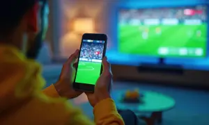 Mężczyzna trzyma telefon, na którym widać boisko piłkarskie. Obok niego włączony telewizor wyświetla ten sam mecz. To pokazuje, jak połączyć telefon z telewizorem, by oglądać sport na dużym ekranie.