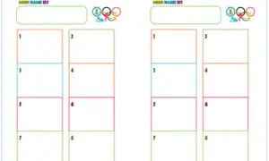Zwei Vorlagen für Mini Olympiade Spiele mit Feldern zum Eintragen von Namen und Ergebnissen, dekoriert mit olympischen Ringen und kleinen Figuren.