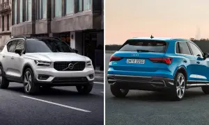 Jämförelse av en vit Volvo XC40 och en blå Audi Q3. En audi q3 test visar dessa två SUV:ar sida vid sida.