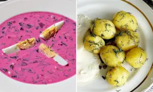 Chłodnik z buraków i jajek, a obok ziemniaczki z koperkiem. Z kefiru można zrobić pyszny chłodnik!