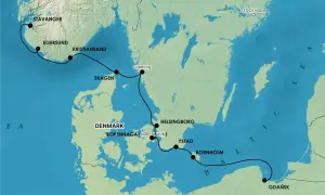 Mapa pokazuje trasę promu z Norwegii przez Danię do Polski. Zastanawiasz się, ile płynie prom do Szwecji? Trasa obejmuje porty jak Göteborg, Helsingborg, Ystad.