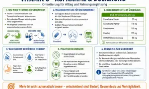 Infografik zu Vitamin C: Aufnahme, Dosierung, Referenzwerte (z.B. 95 mg für Frauen), praktische Einnahme und Sicherheitshinweise. Mehr ist nicht automatisch besser – entscheidend sind Bedarf, Gesamtdosis und Verträglichkeit.