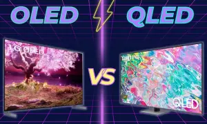 Porównanie technologii: LG OLED z kwitnącym drzewem kontra Samsung QLED z abstrakcyjnym obrazem. Która lepsza?