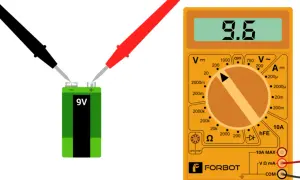 Multimetr mierzy napięcie 9.6V z baterii 9V.