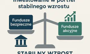 Waga symbolizująca inwestowanie w portfel stabilnego wzrostu. Po jednej stronie "Fundusze bezpieczne" z symbolem banku, po drugiej "Fundusze akcyjne" z wykresem wzrostu.