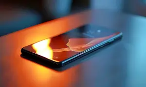 Smartfon z systemem iOS na ciemnym blacie, oświetlony pomarańczowym światłem.