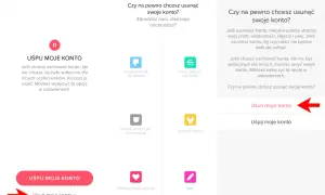 Ekran aplikacji Tinder pokazujący opcje usunięcia konta. Widoczny przycisk "Usuń moje konto" jako krok, jak usunąć konto na Tinderze.