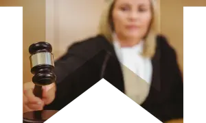Sędzia z młotkiem w dłoni, symbol sprawiedliwości i ochrony skarb państwa.