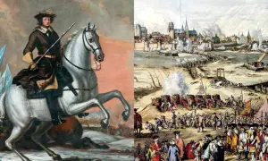 En ryttare på en vit häst till vänster, till höger en strid med en stad i bakgrunden, som påminner om slaget vid Gestilren.
