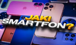 Zbliżenie na stos smartfonów w różnych kolorach, z tekstem "JAKI SMARTFON?".