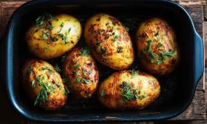 Patatas al horno doradas y crujientes, espolvoreadas con hierbas frescas, listas para disfrutar.