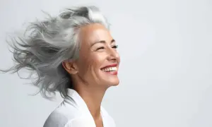 Donna sorridente con splendidi capelli bianchi mossi dal vento.
