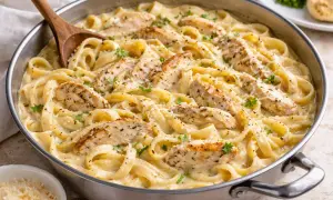 En stor panna med krämig pasta och saftiga kycklingremsor. En perfekt pasta pollo för en mysig middag.