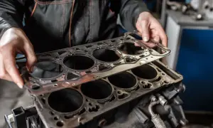 Mechanik trzyma nową uszczelkę pod głowicę nad blokiem silnika.